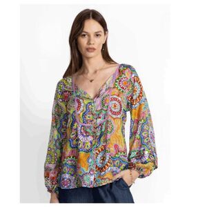 Johnny Was Jannika Silk Blouse Naperron Print Multicolor Ruffle Sleeve Size 1X